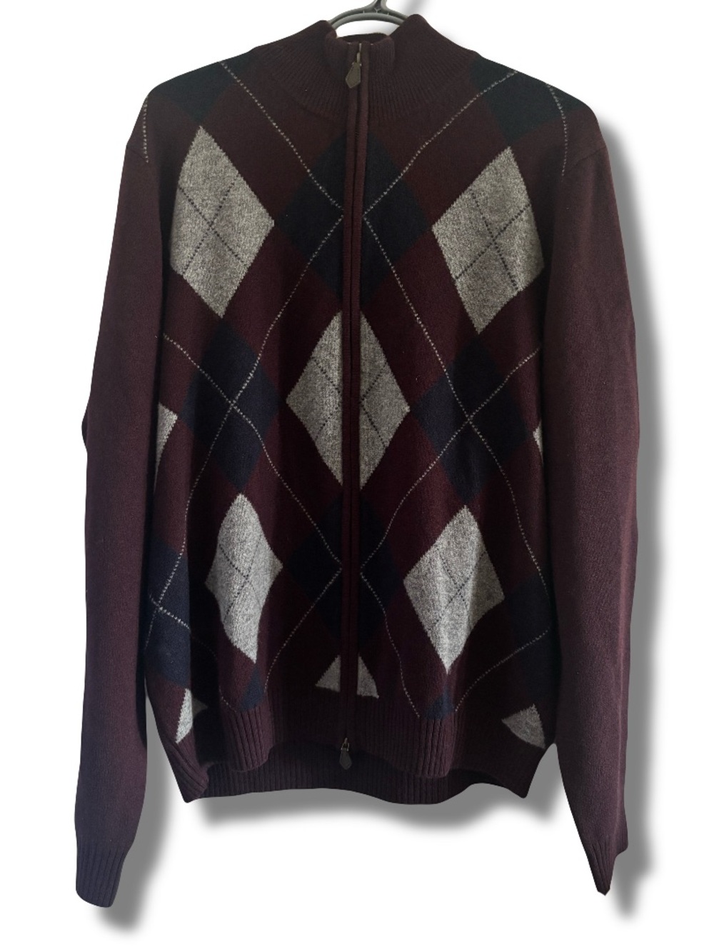 NWT Brooks Brothers 100% Scottish Lambswool Full Zip Argyle Sweater Burgundy LG